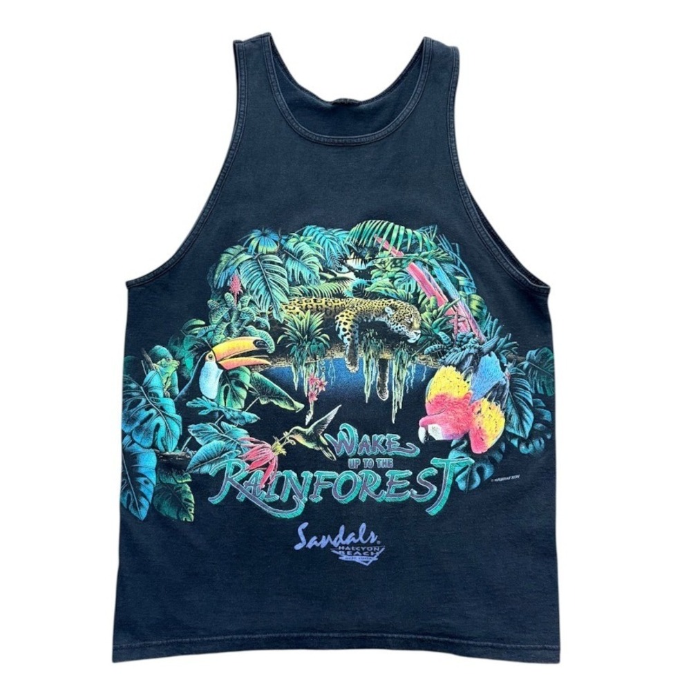 Vintage 90s Sandals St Lucia Rainforest Jungle Leopard Graphic Tank Top Shirt